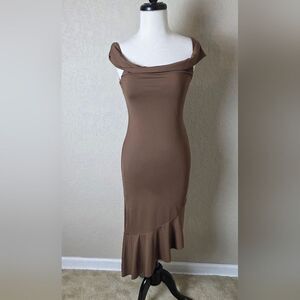 Fenity Off Shoulder Bodycon Dress Brown Size S